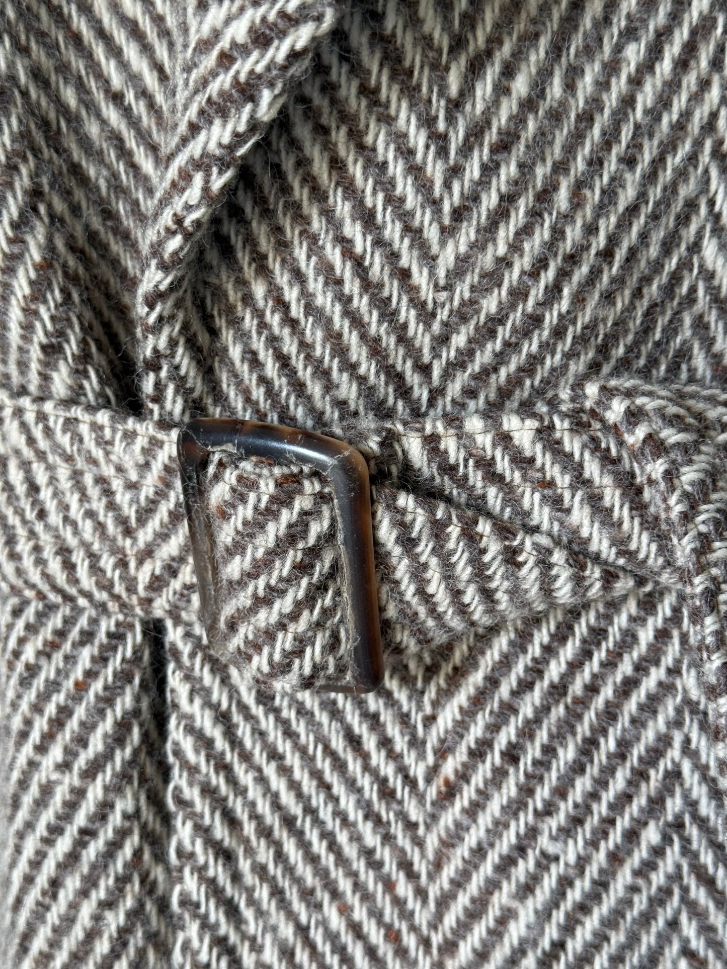 Bespoke Herringbone Tweed Belted Overcoat 44R Brown Beige