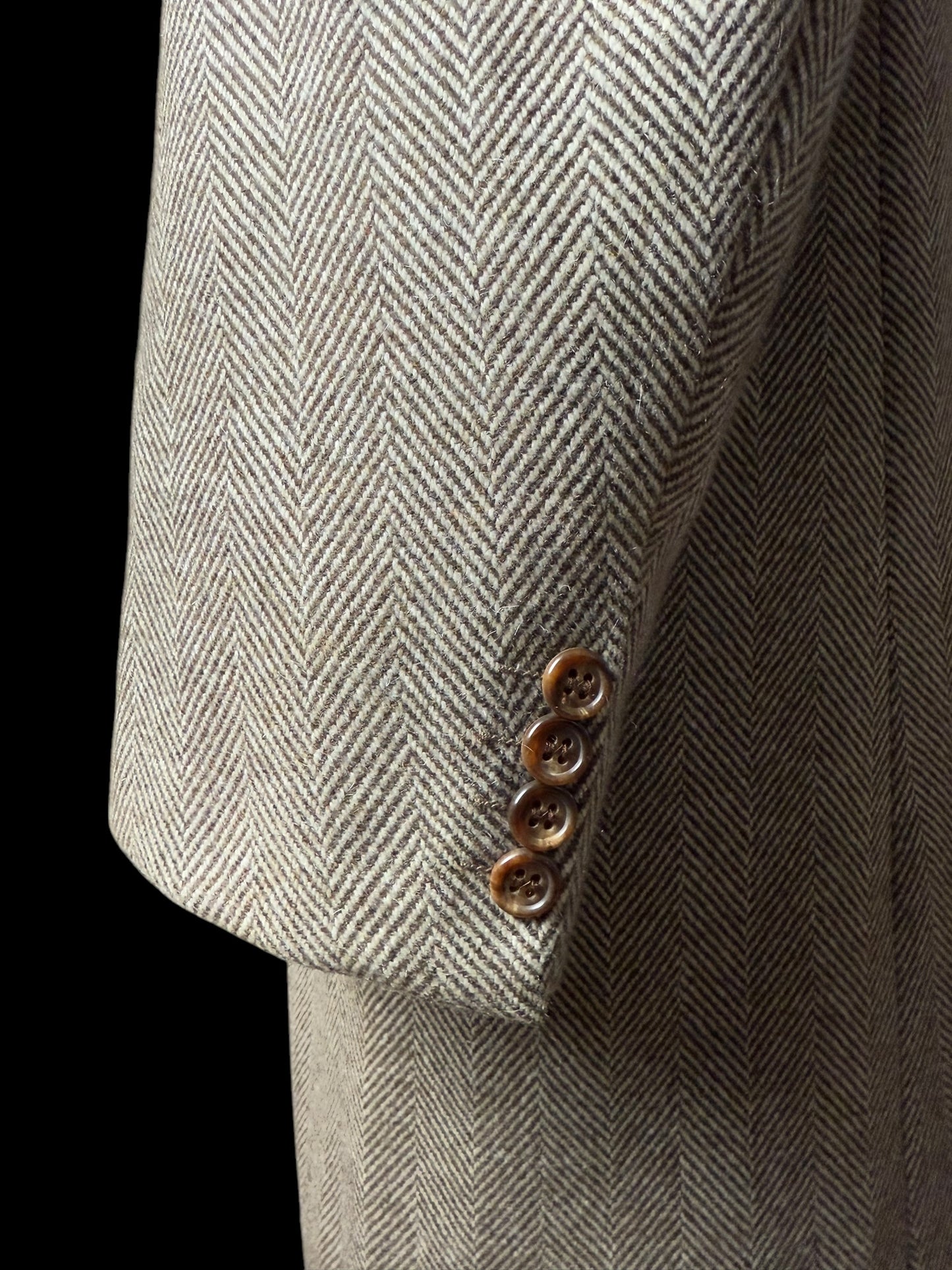 Richard James Savile Row Herringbone Overcoat 44R Wool Cashmere Beige Brown