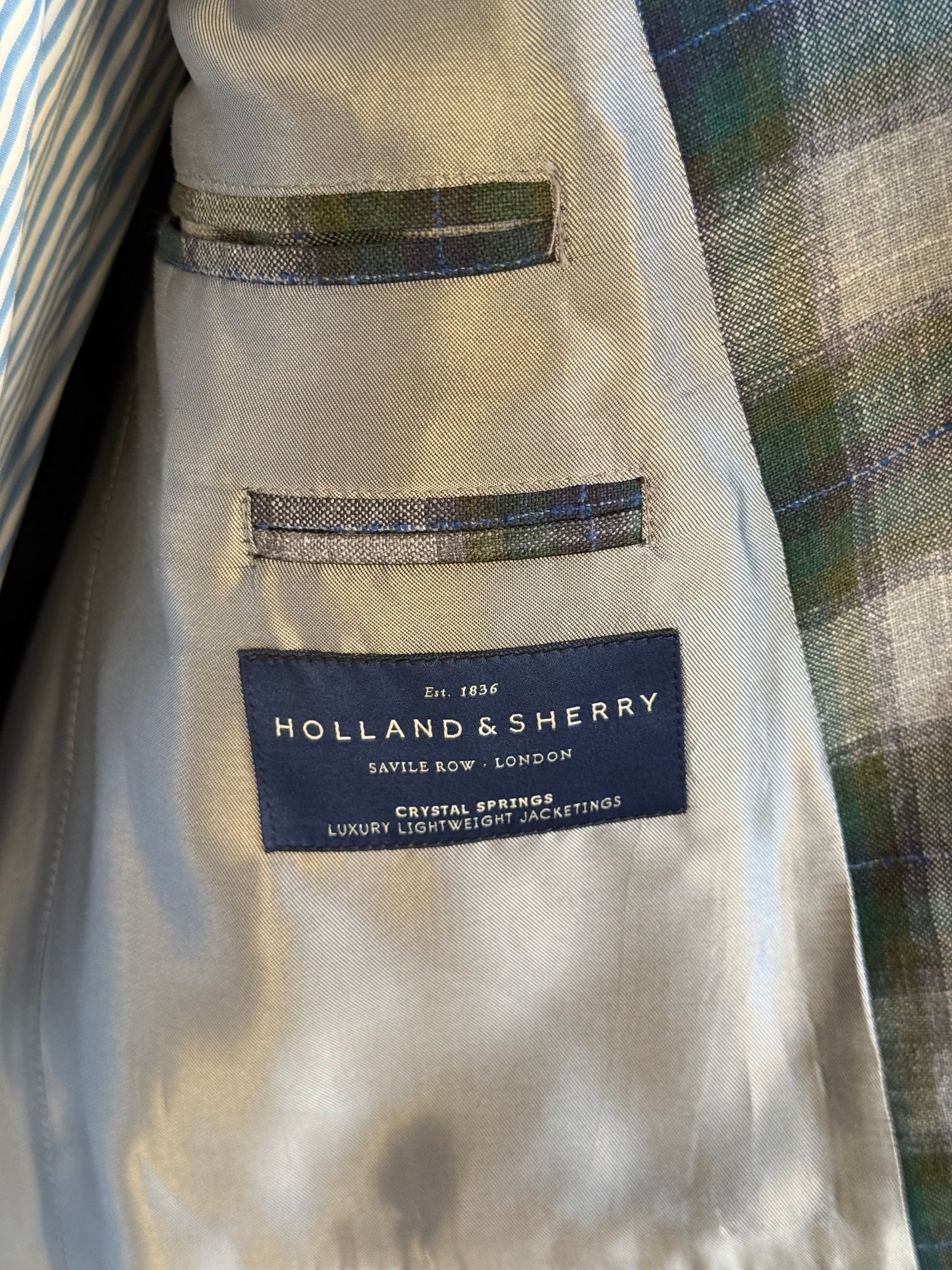 Bespoke Holland & Sherry Crystal Springs Check Sport Coat 46R Grey Green Purple
