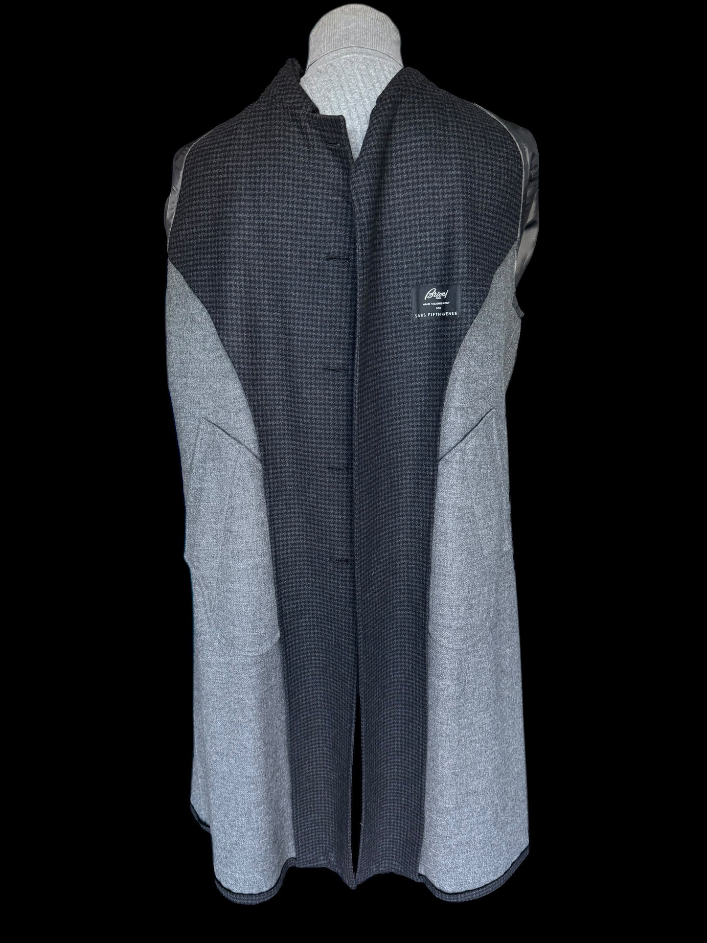 Brioni Belted Milano Overcoat 54 UK44 Raglan Houndstooth Black Grey Wool Unlined