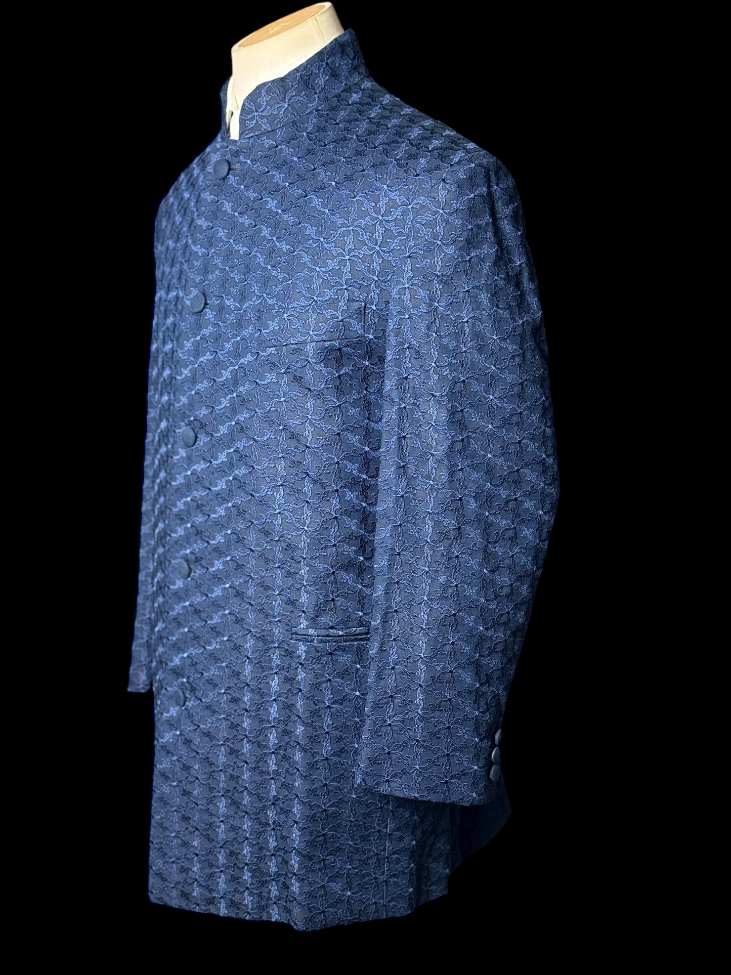 Men’s Favourbrook Nehru Jacket 42S Navy Blue Embroidered Cotton Linen