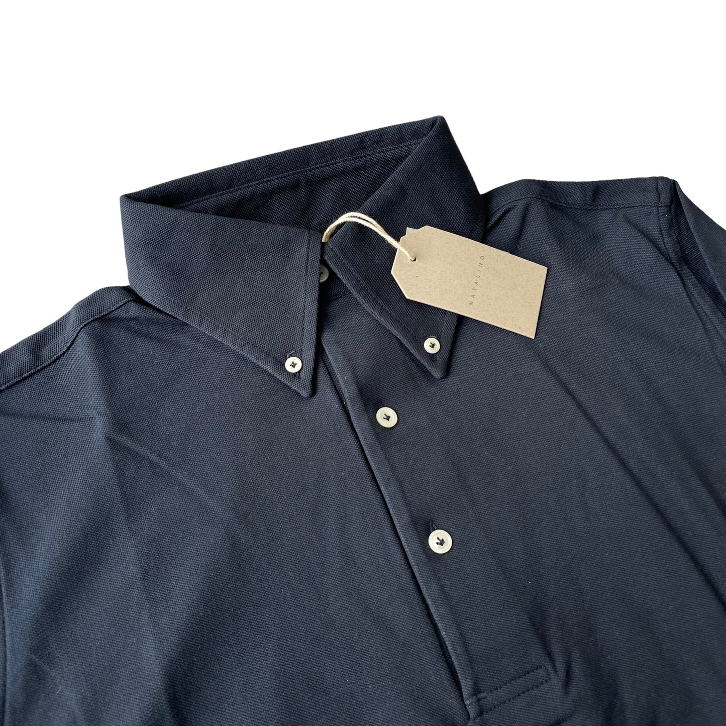 BNWT Natalino Long Sleeve Polo Shirt Large Navy Pique Cotton Button Down Collar
