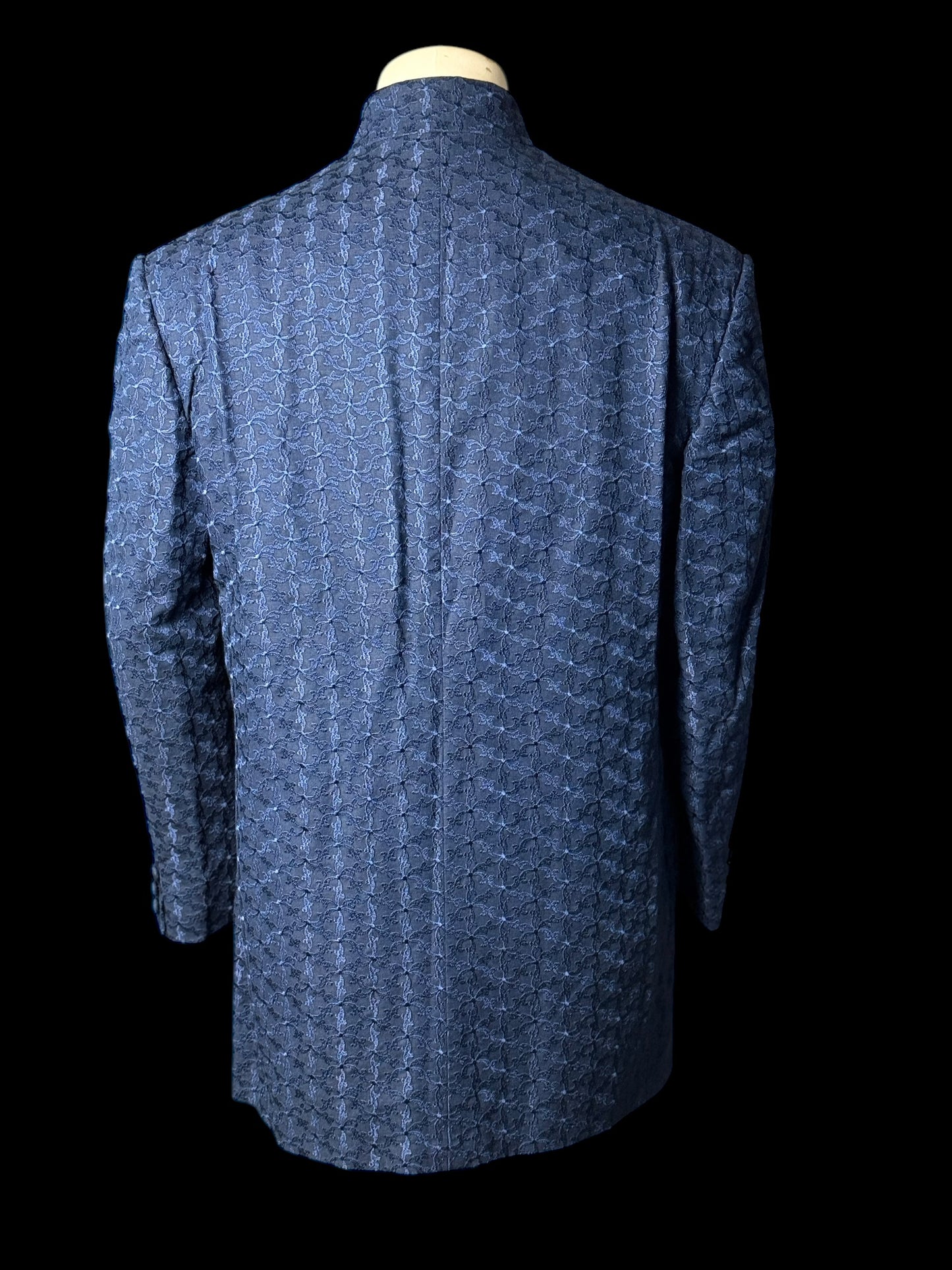 Men’s Favourbrook Nehru Jacket 42S Navy Blue Embroidered Cotton Linen