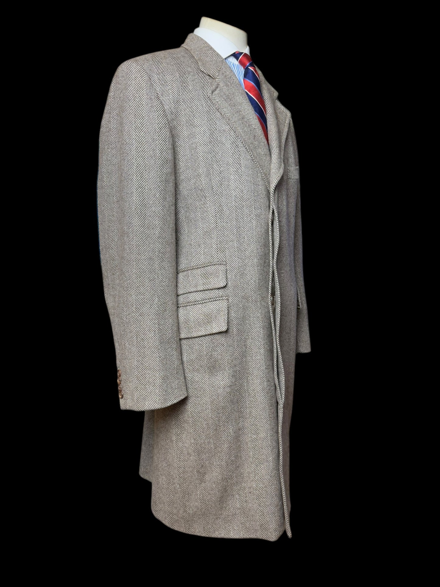 Richard James Savile Row Herringbone Overcoat 44R Wool Cashmere Beige Brown