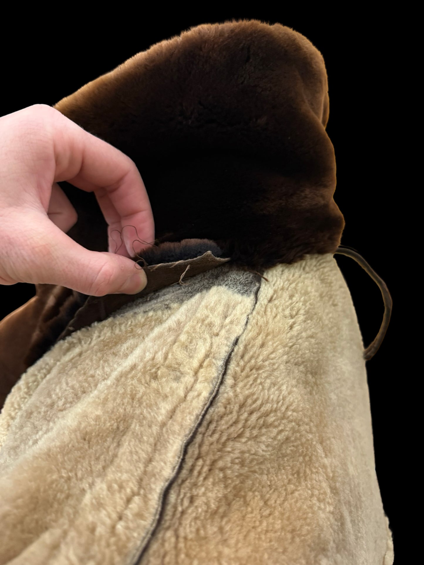 Vintage Men’s Double Breasted Sheepskin Overcoat 46” Dark Brown Back Belt