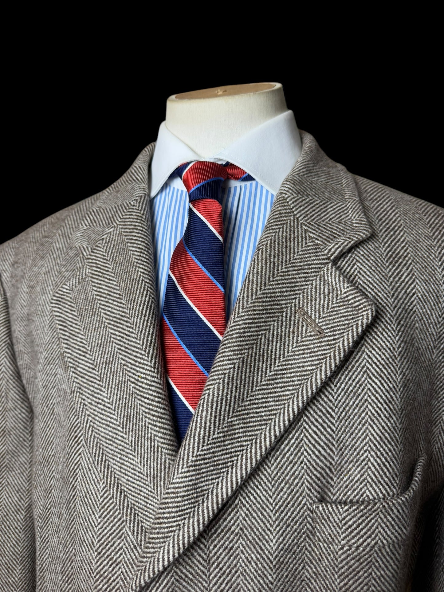 Richard James Savile Row Herringbone Overcoat 44R Wool Cashmere Beige Brown