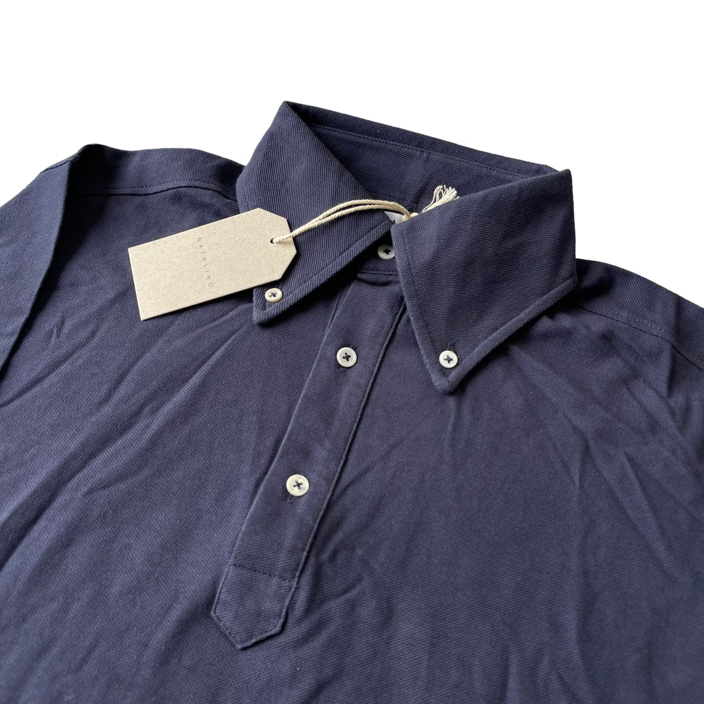 BNWT Natalino Long Sleeve Polo Shirt Medium Washed Navy Pique Cotton Button Down Collar