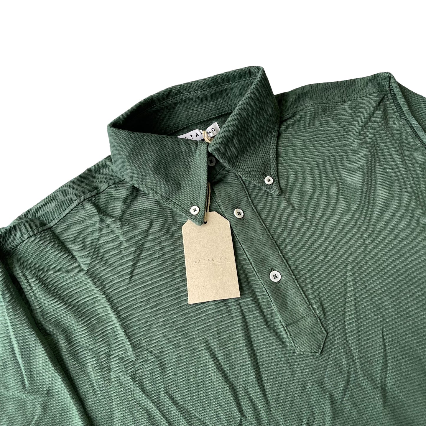 BNWT Natalino Long Sleeve Polo Shirt Green Pique Cotton Button Down RRP £95