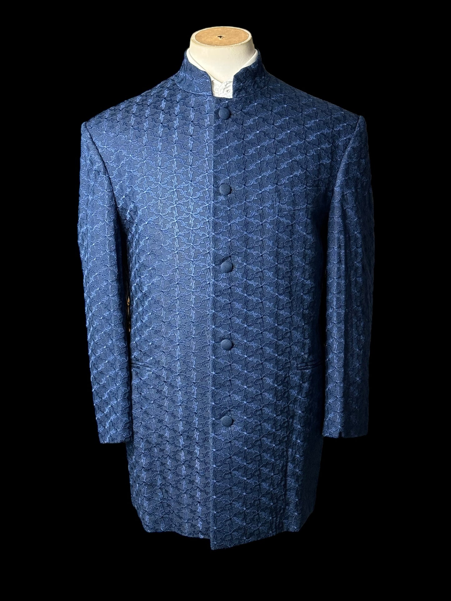 Men’s Favourbrook Nehru Jacket 42S Navy Blue Embroidered Cotton Linen