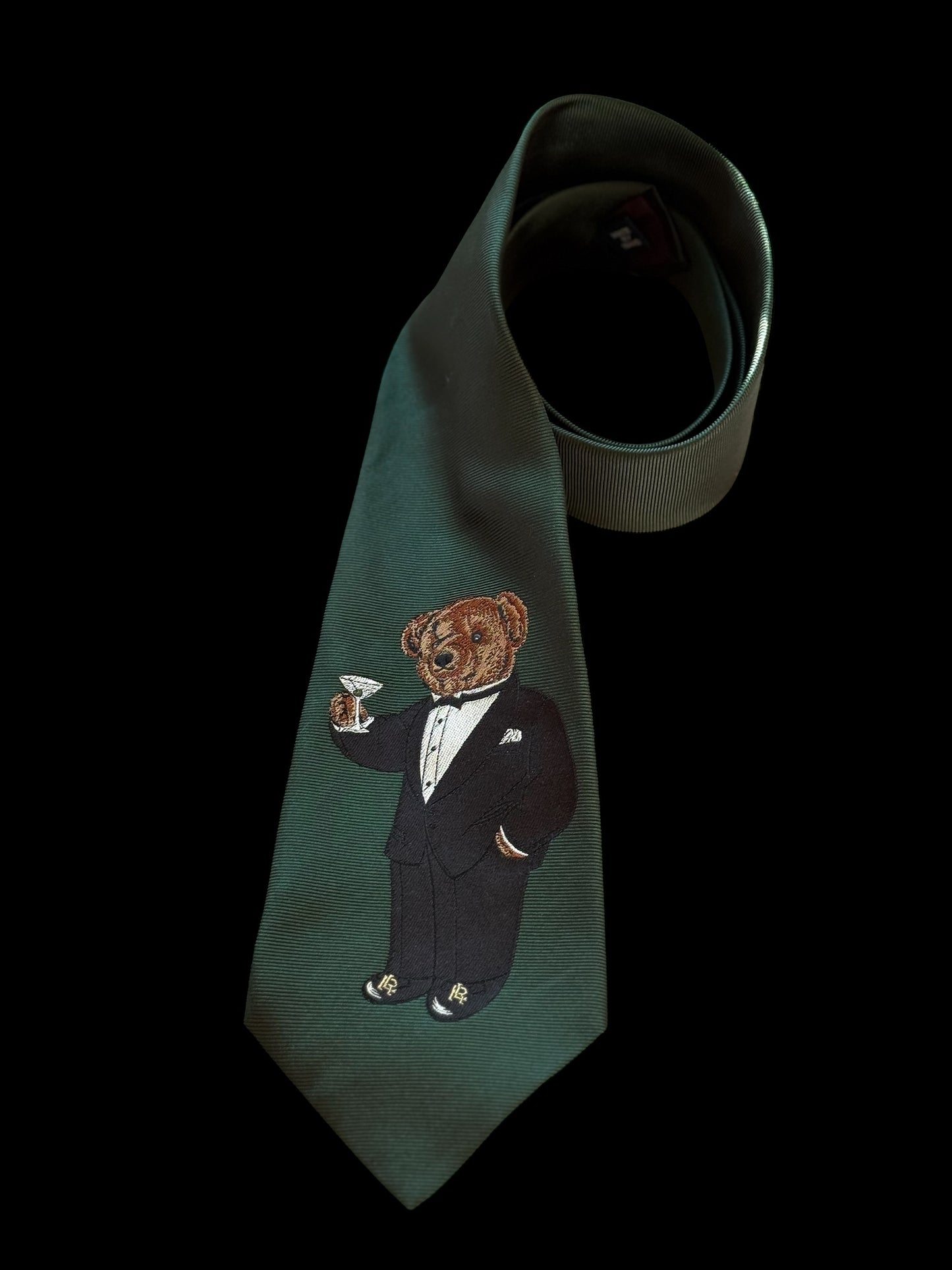Polo Ralph Lauren Teddy Bear Tie Green Silk Hand Made In USA