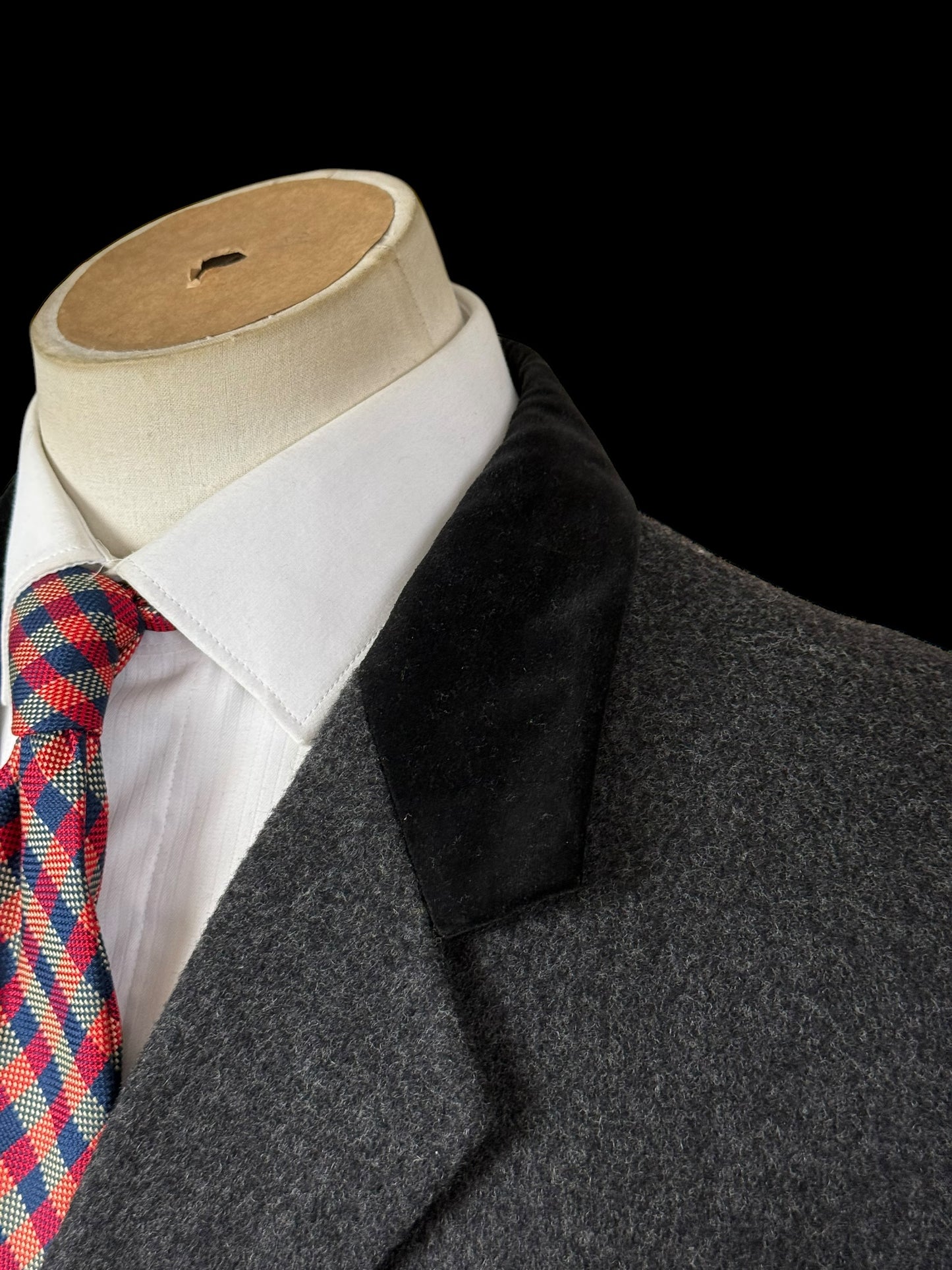 Men’s Bespoke Flannel Overcoat 42” Grey Wool Cashmere Velvet Collar