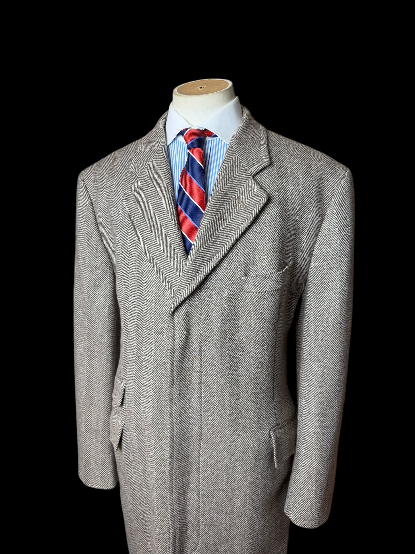 Richard James Savile Row Herringbone Overcoat 44R Wool Cashmere Beige Brown