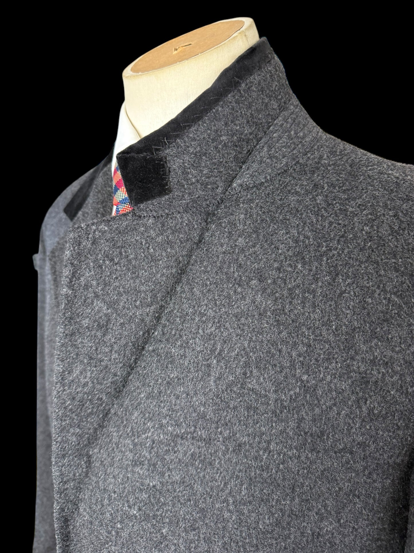 Men’s Bespoke Flannel Overcoat 42” Grey Wool Cashmere Velvet Collar