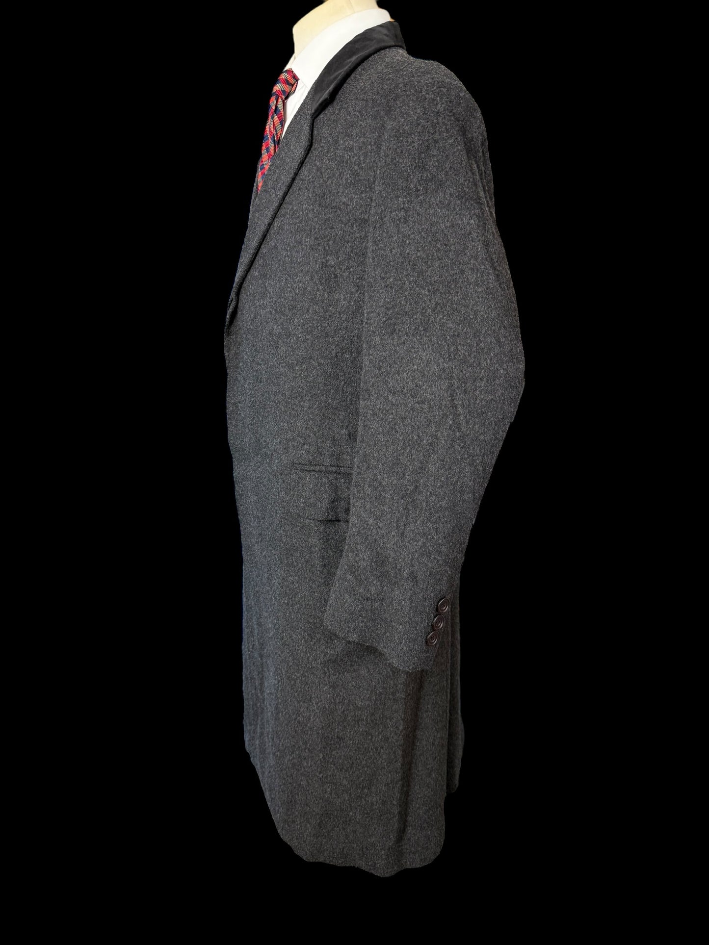 Men’s Bespoke Flannel Overcoat 42” Grey Wool Cashmere Velvet Collar