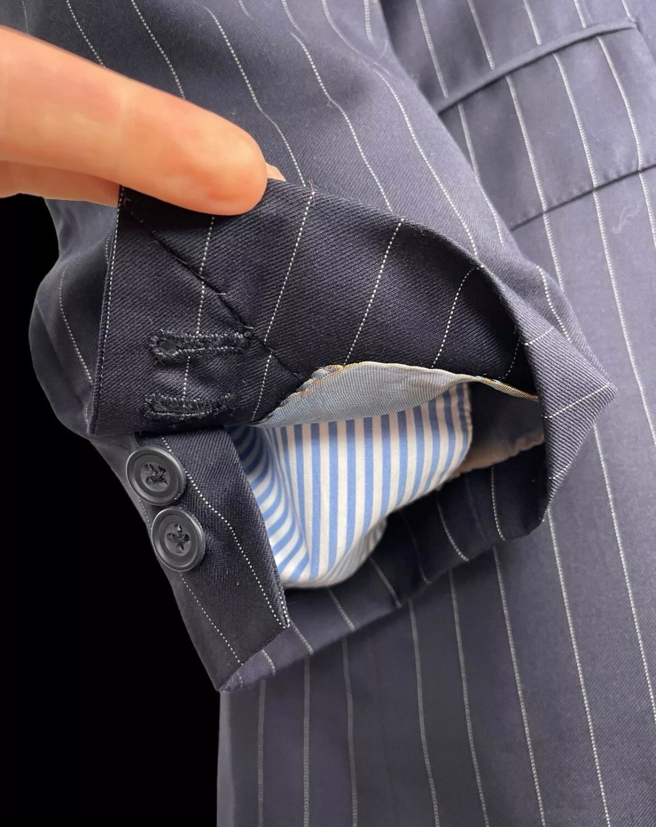 Richard James Savile Row Bespoke Double Breasted Navy Suit 46L /42x31” Pinstripe