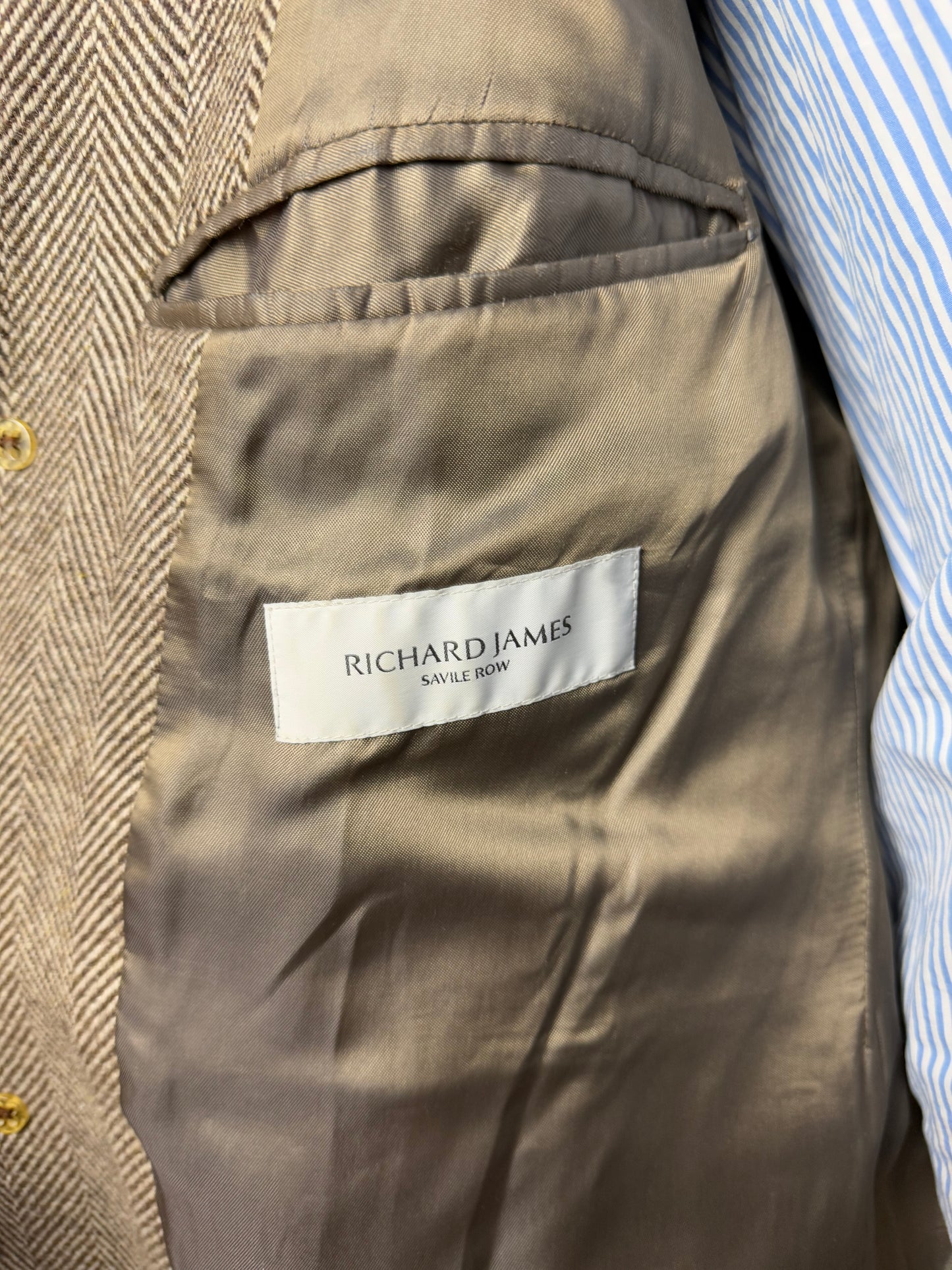 Richard James Savile Row Herringbone Overcoat 44R Wool Cashmere Beige Brown