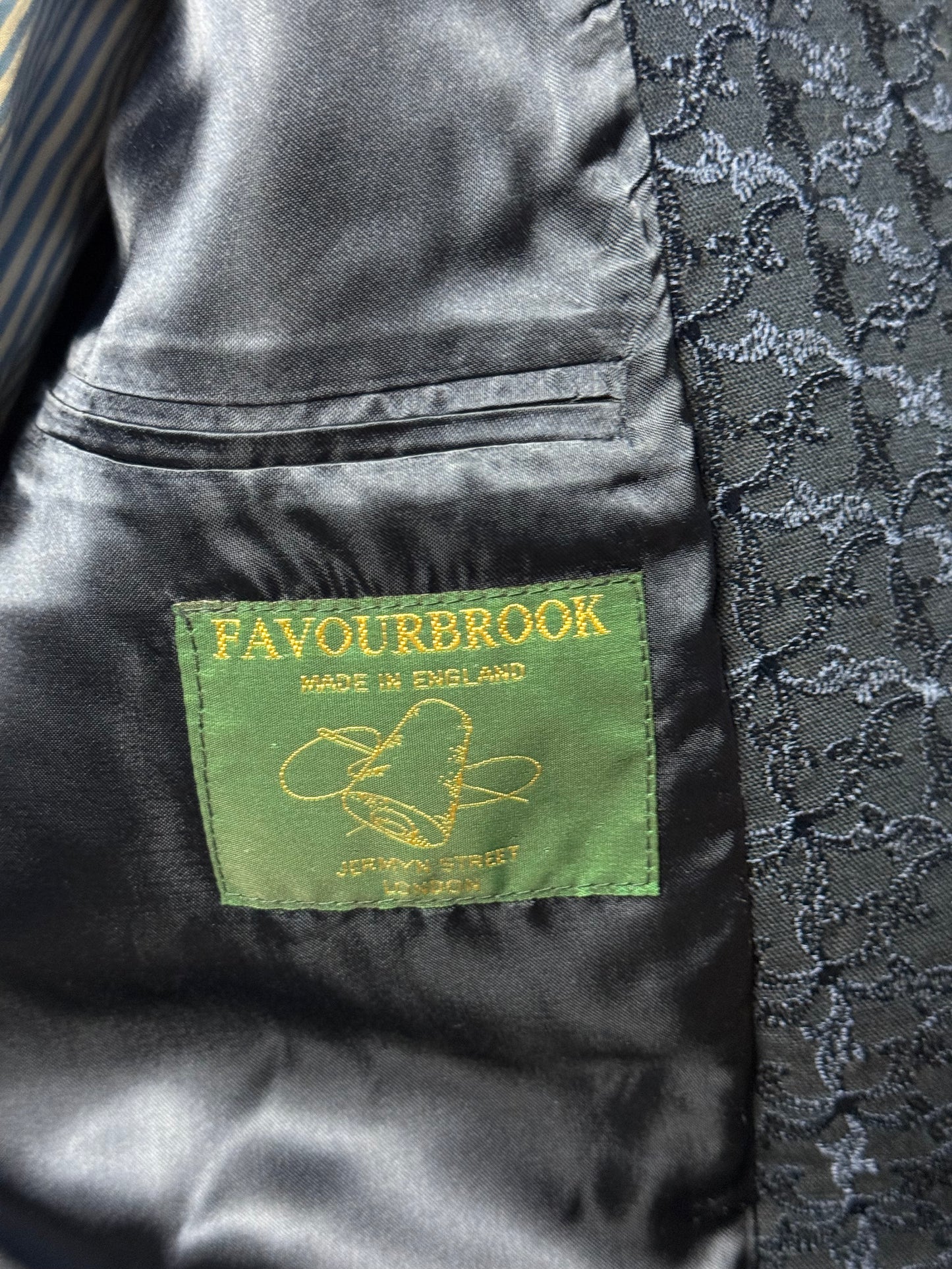 Men’s Favourbrook Nehru Jacket 42S Navy Blue Embroidered Cotton Linen