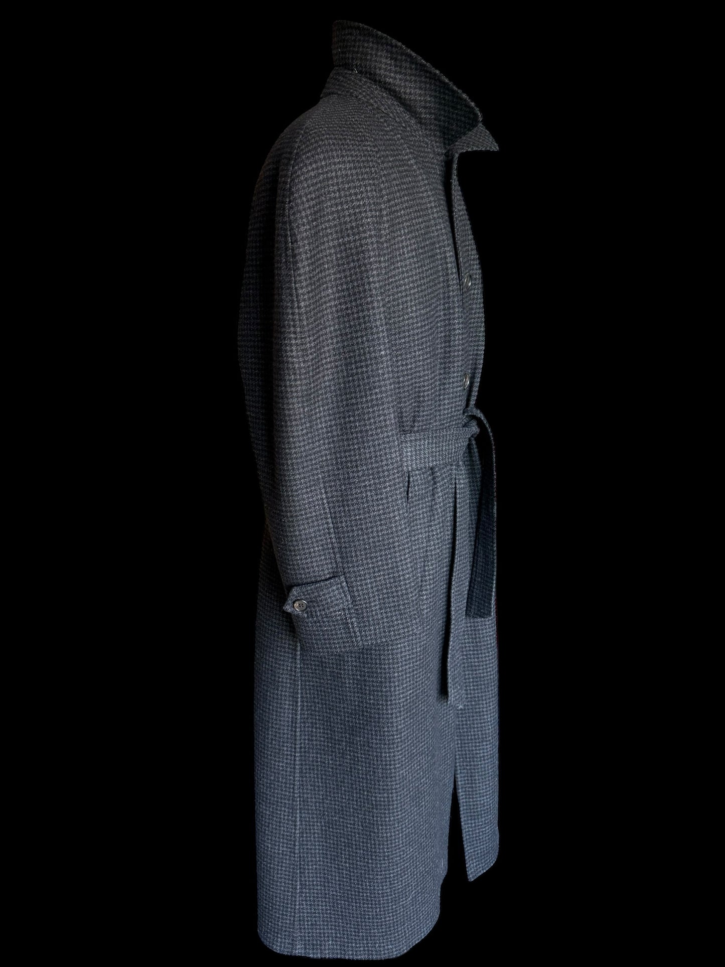 Brioni Belted Milano Overcoat 54 UK44 Raglan Houndstooth Black Grey Wool Unlined