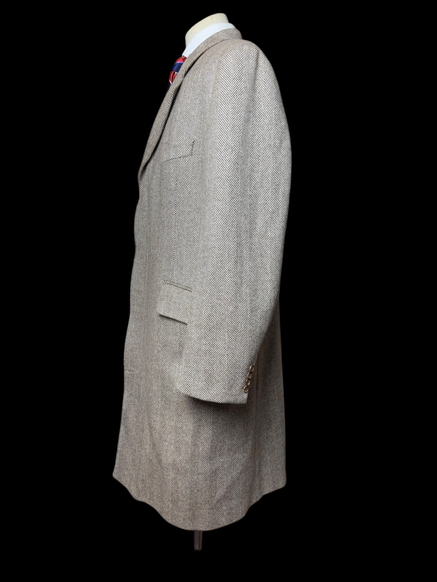 Richard James Savile Row Herringbone Overcoat 44R Wool Cashmere Beige Brown