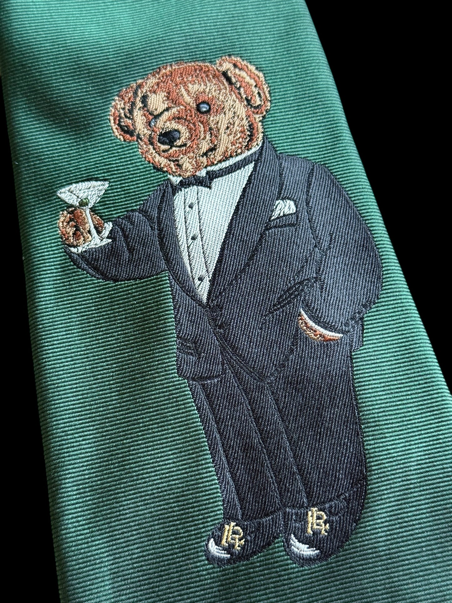 Polo Ralph Lauren Teddy Bear Tie Green Silk Hand Made In USA