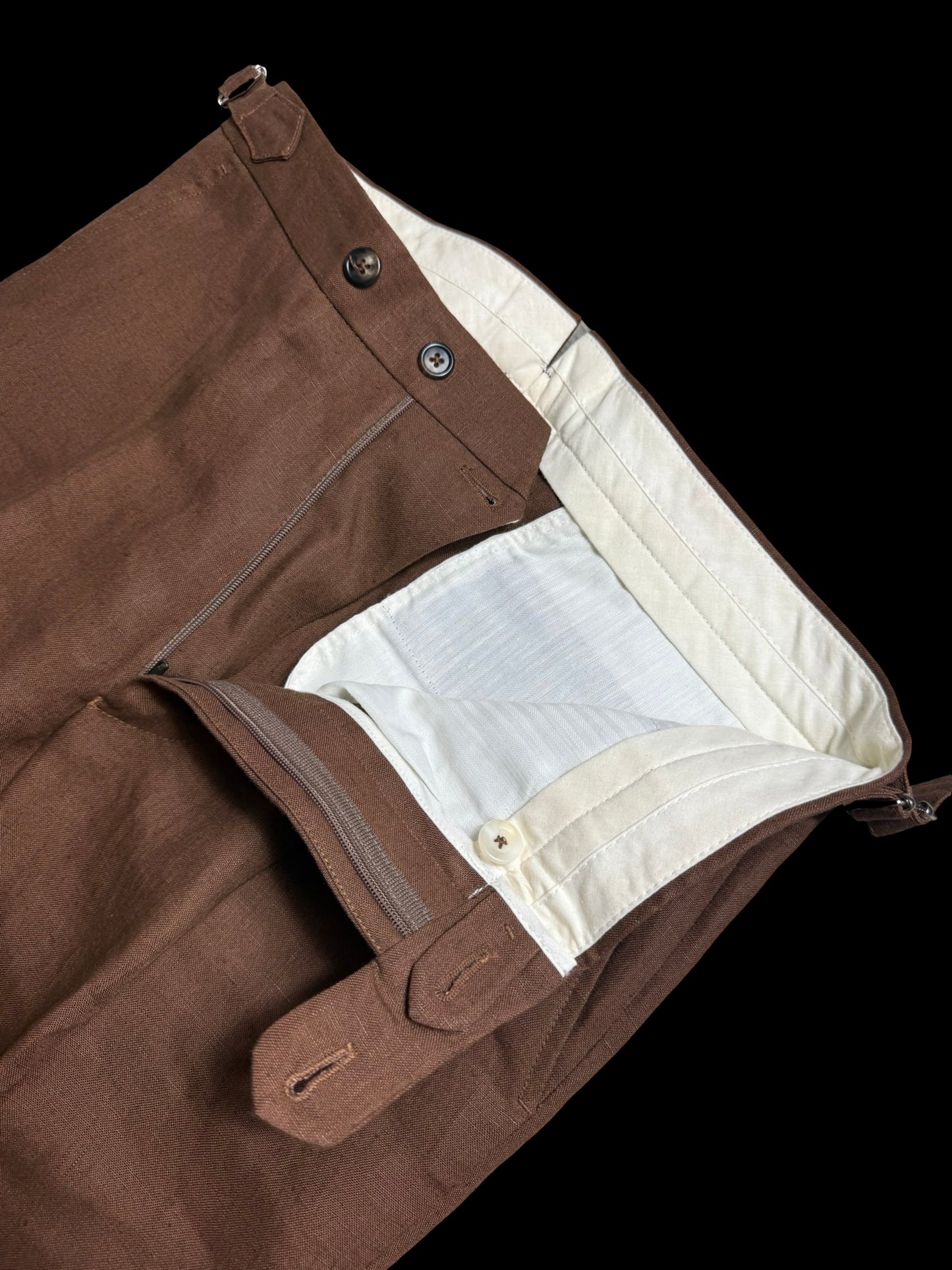 Natalino Single Pleat Tobacco Irish Linen Trousers W30S Side Adjusters RRP £200