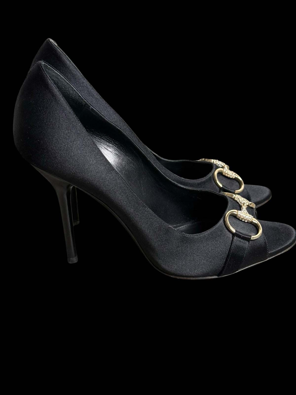 Vintage Gucci Satin Black Embellished Horsebit Peeptoe Hollywood Heels EU39C UK6
