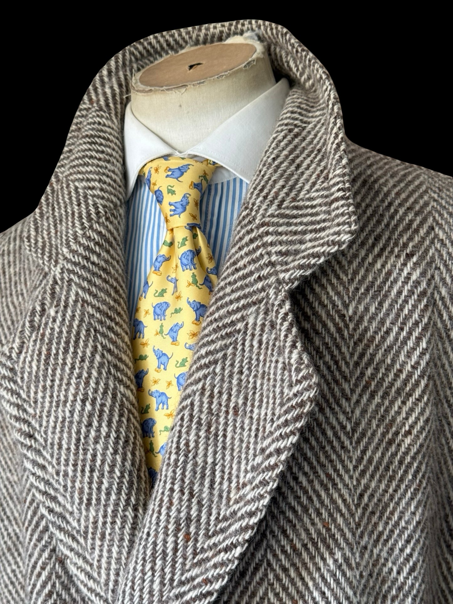 Bespoke Herringbone Tweed Belted Overcoat 44R Brown Beige