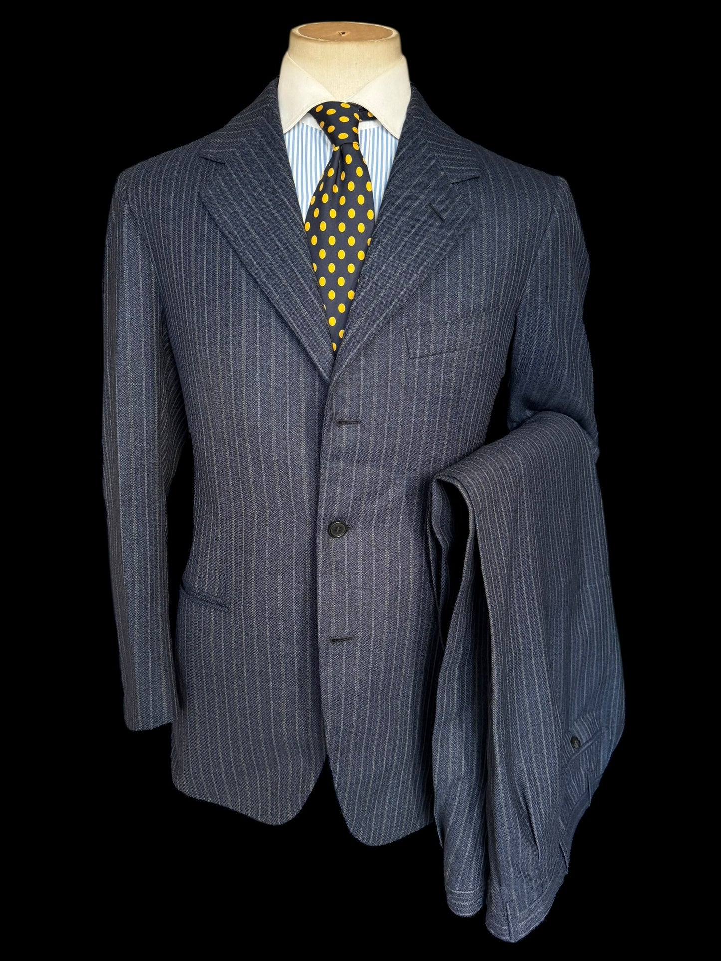 Bespoke Tommy Giulio Caraceni Blue Stripe Heavy Wool Suit 42S/ W34” 1940’s Style