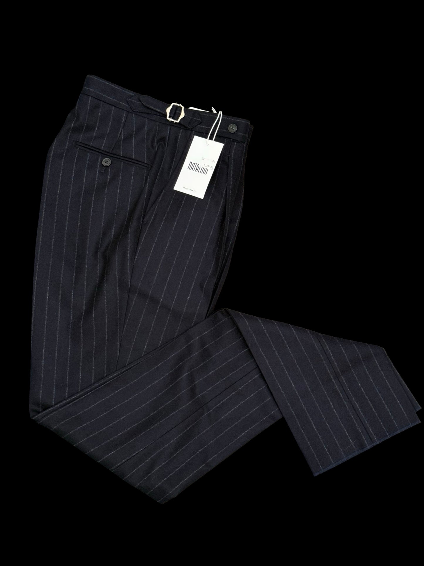 BNWT Natalino Pleat Front Trousers W28” Navy Flannel Wool Chalk Stripe RRP £195