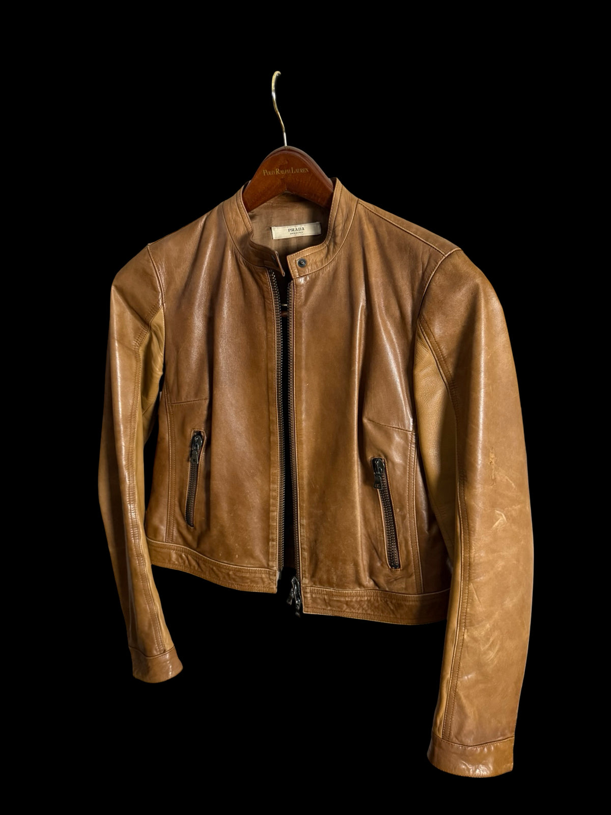 Vintage Womens Prada Racer Leather Jacket IT46 Light Brown