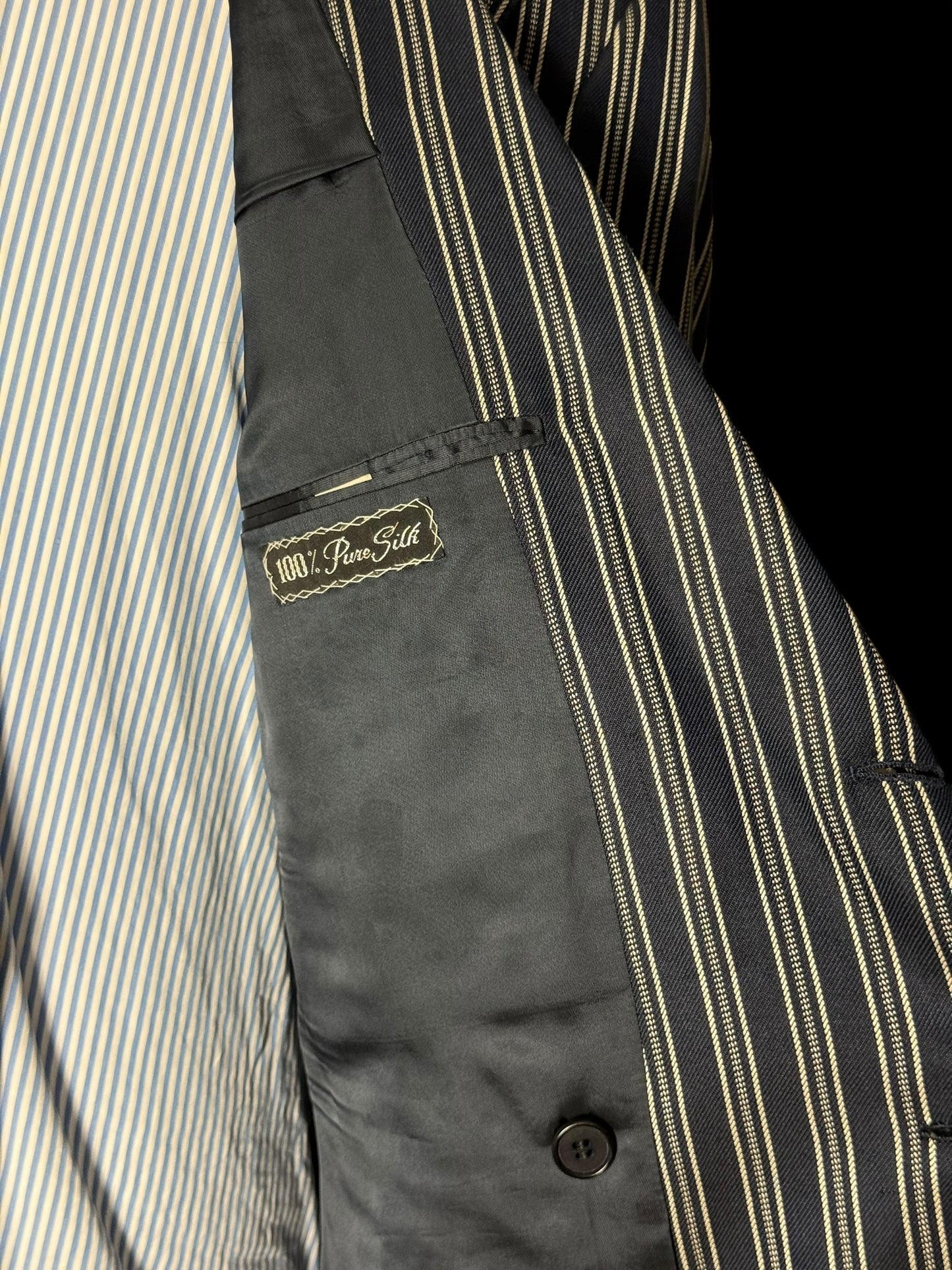 Vintage Chester Barrie Pure Silk Double Breasted Striped Blazer 42R Gold Buttons