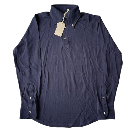 BNWT Natalino Long Sleeve Polo Shirt Medium Washed Navy Pique Cotton Button Down Collar