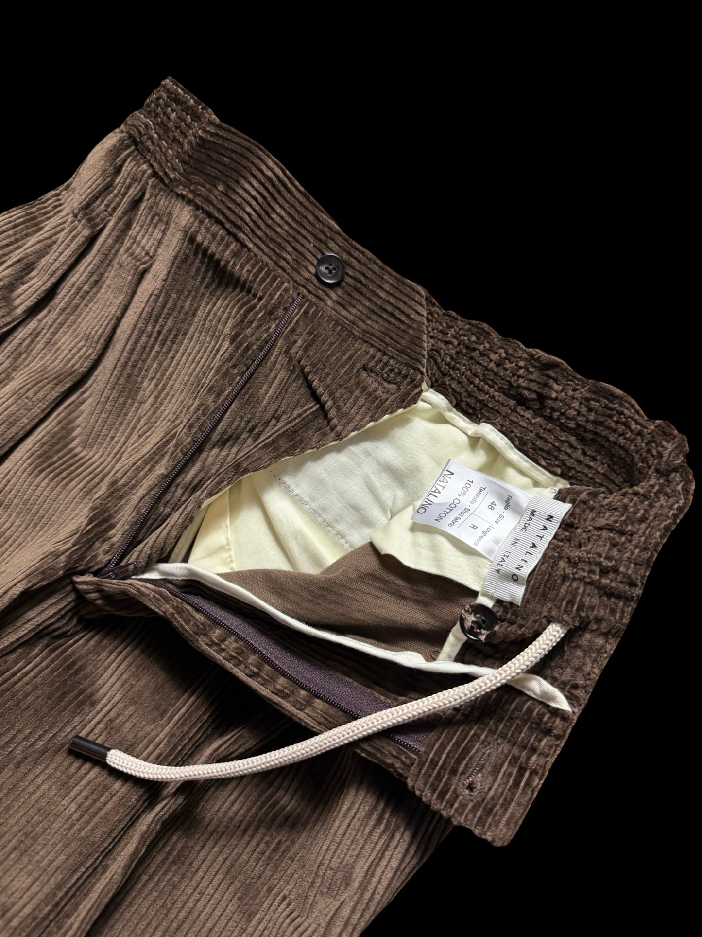 Natalino Brown Corduroy Pleat Front Trousers W31S Drawstring Elasticated Waist