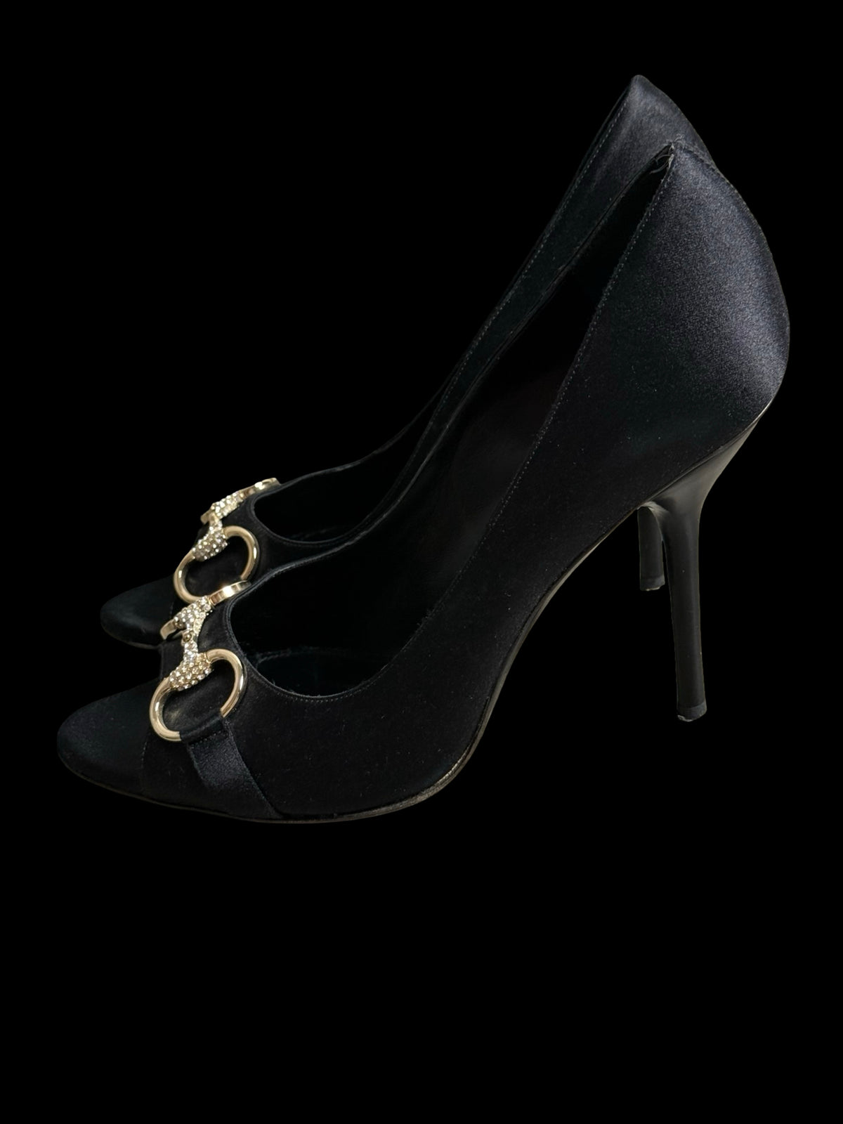 Vintage Gucci Satin Black Embellished Horsebit Peeptoe Hollywood Heels EU39C UK6