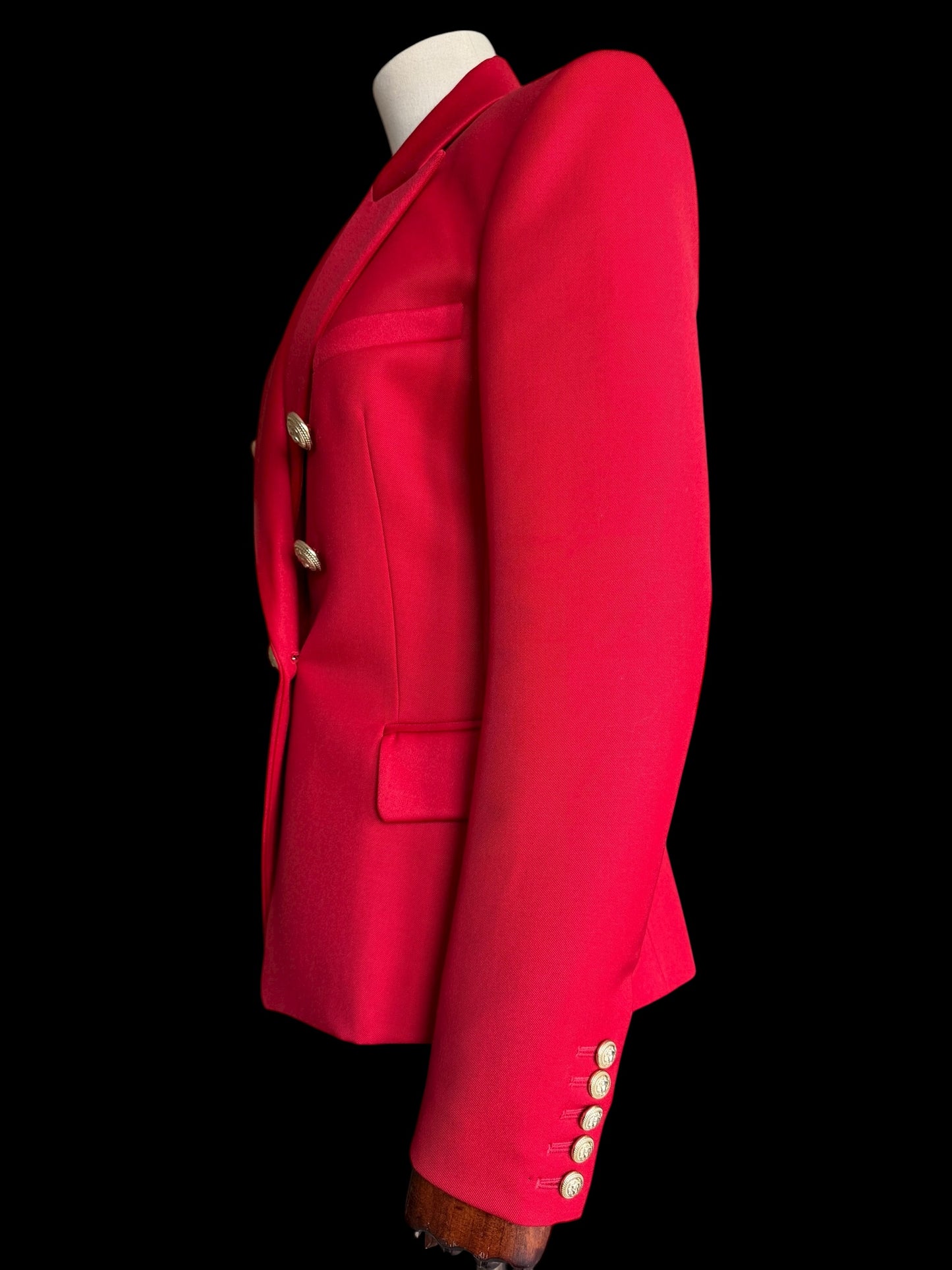 Balmain Double Breasted Red Wool Fitted Jacket Size 44 Gold Buttons RRP £2000