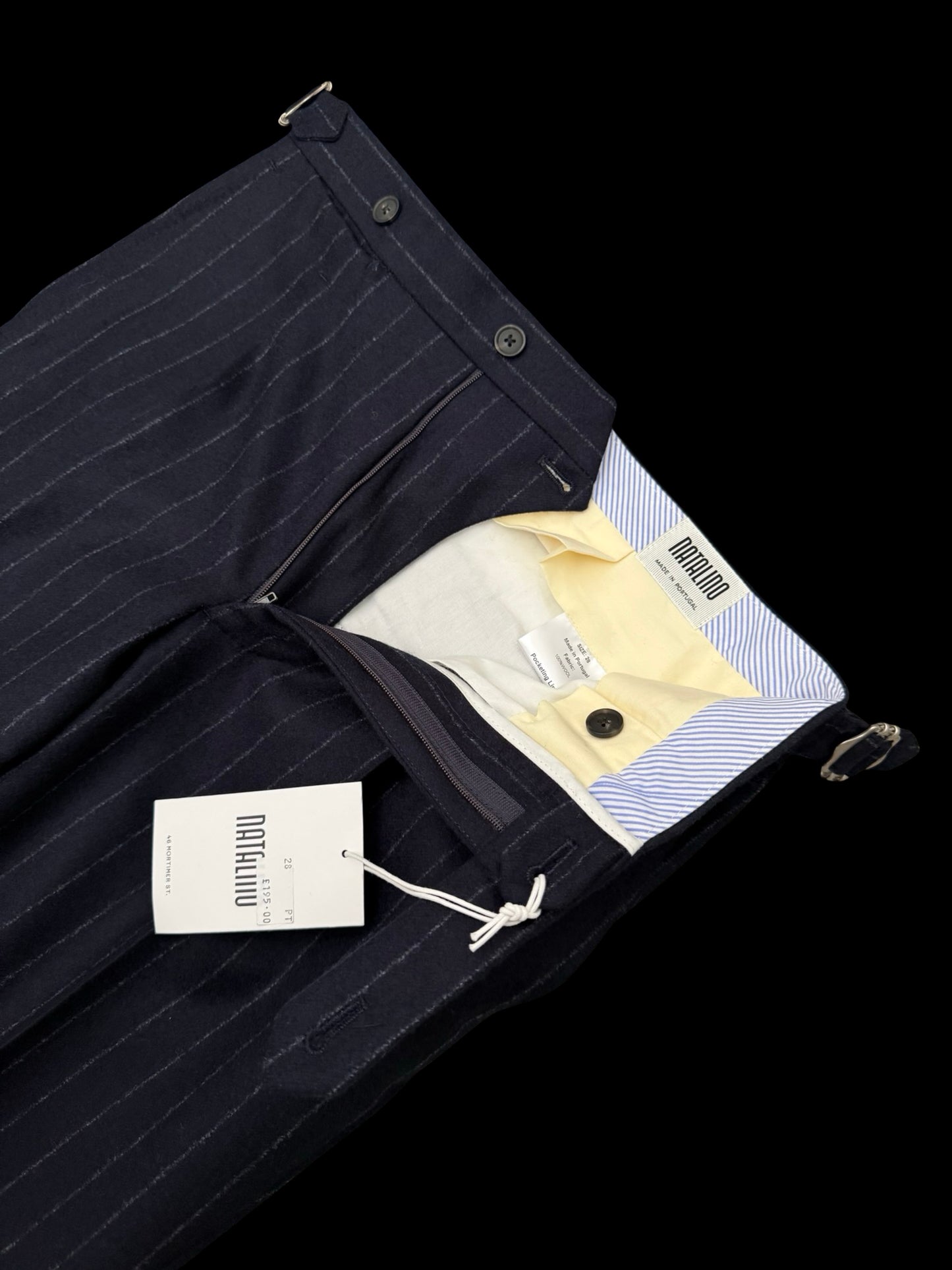 BNWT Natalino Pleat Front Trousers W28” Navy Flannel Wool Chalk Stripe RRP £195