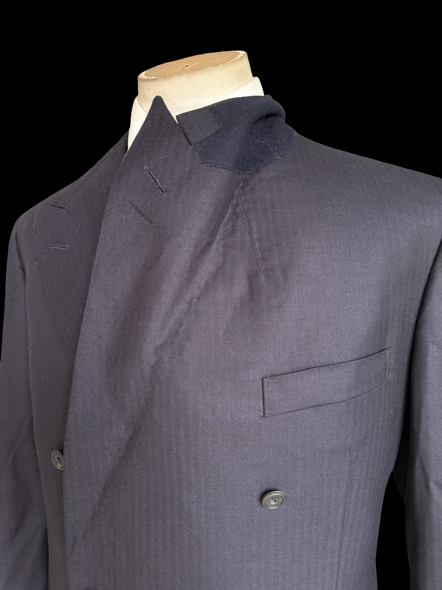 Bespoke Kent & Haste Savile Row Double Breasted Navy Herringbone Blazer 43R Pure Silk Lining