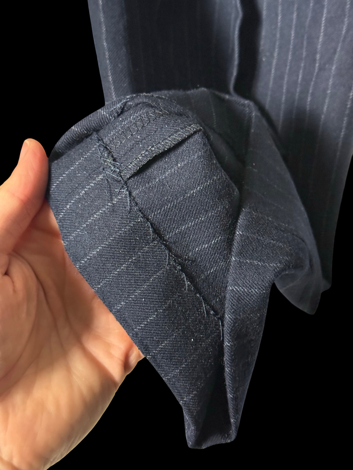 VTG Austin Reed Chester Barrie Navy Double Breasted Suit 39S/W34S Chalk Stripe