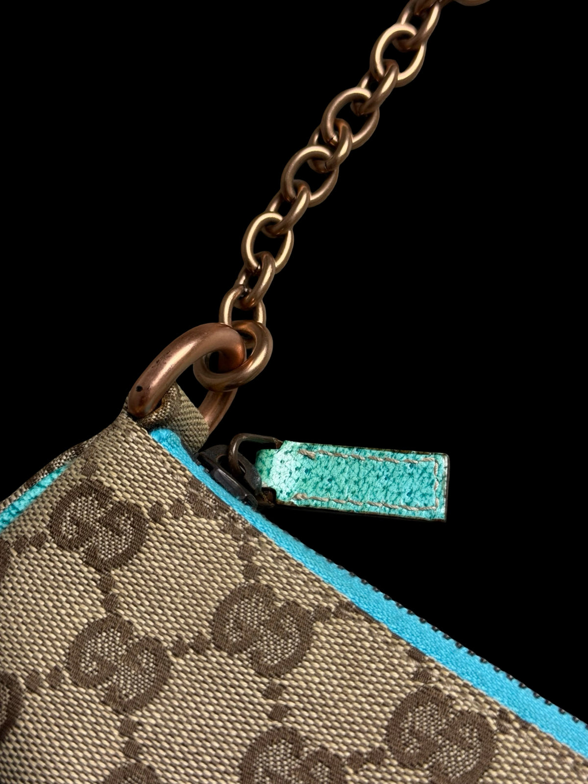 Vintage Gucci GG Canvas Nailhead Pochette Bag Brown/Turquoise Y2k Era Rare
