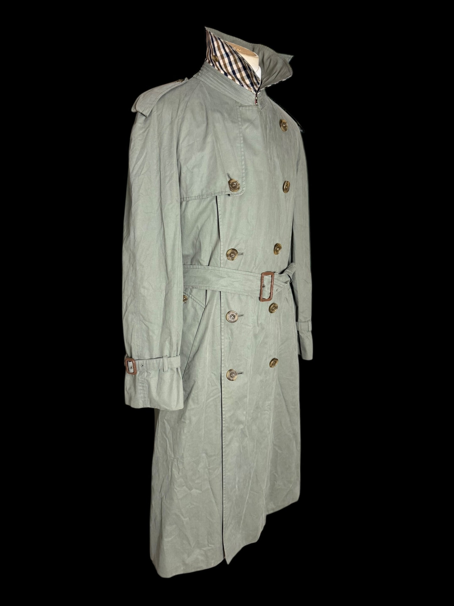 Vintage Men’s Aquascutum Sage Green Belted Trench Coat Size 42” Made In England