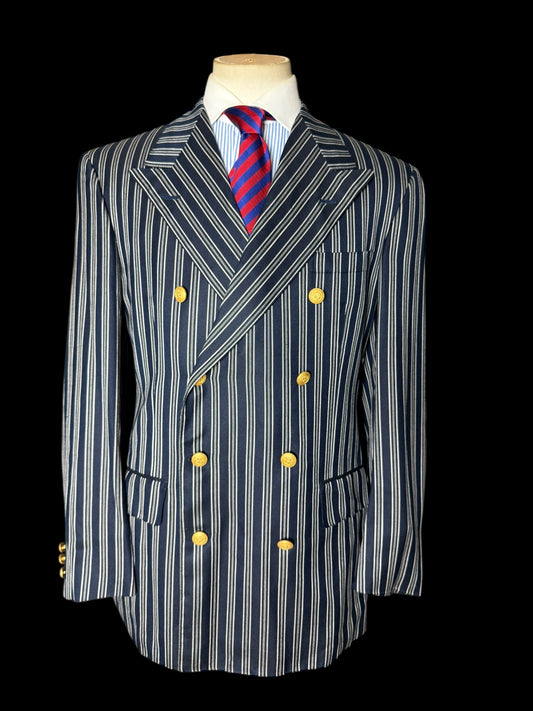Vintage Chester Barrie Pure Silk Double Breasted Striped Blazer 42R Gold Buttons
