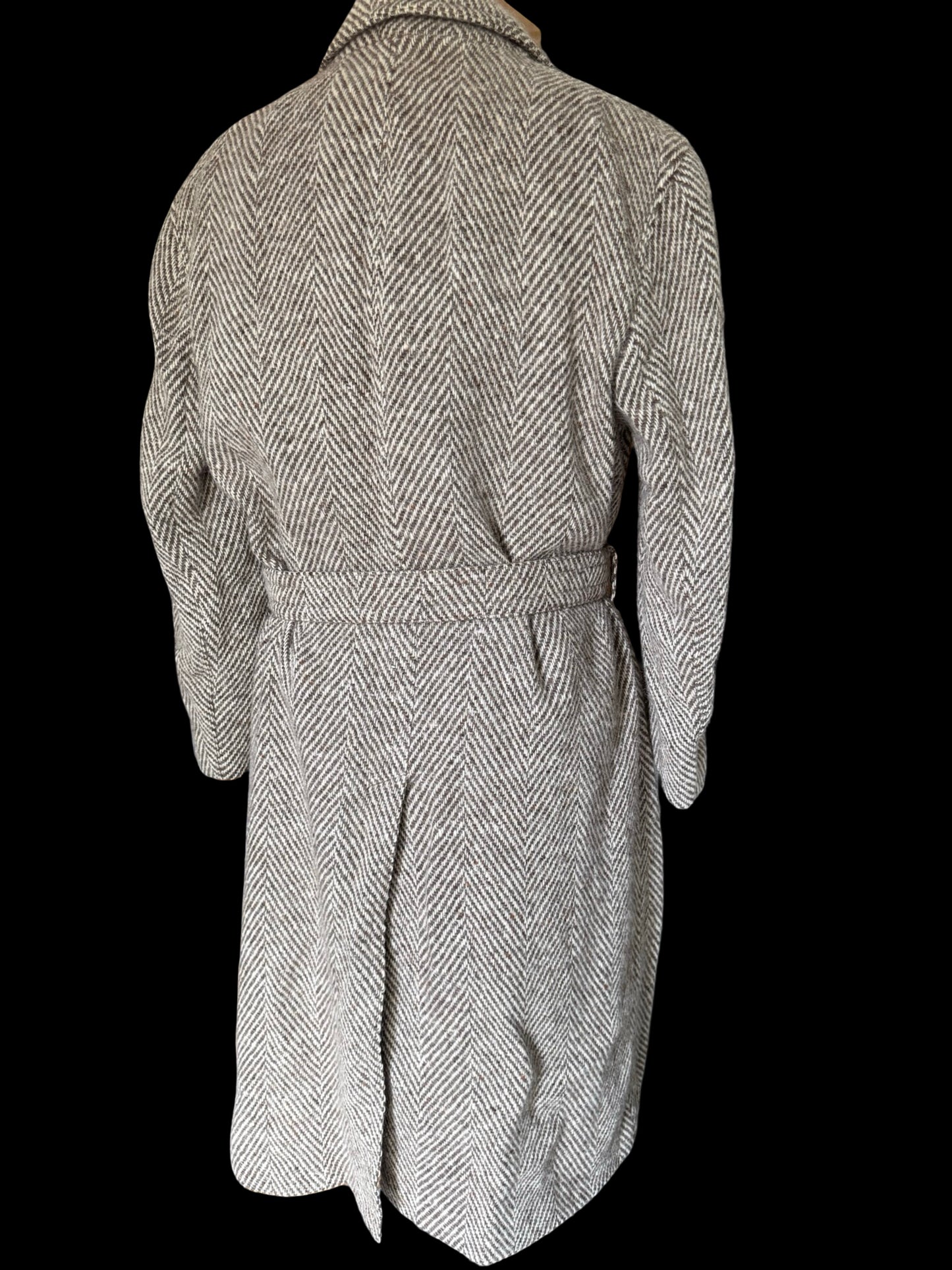 Bespoke Herringbone Tweed Belted Overcoat 44R Brown Beige