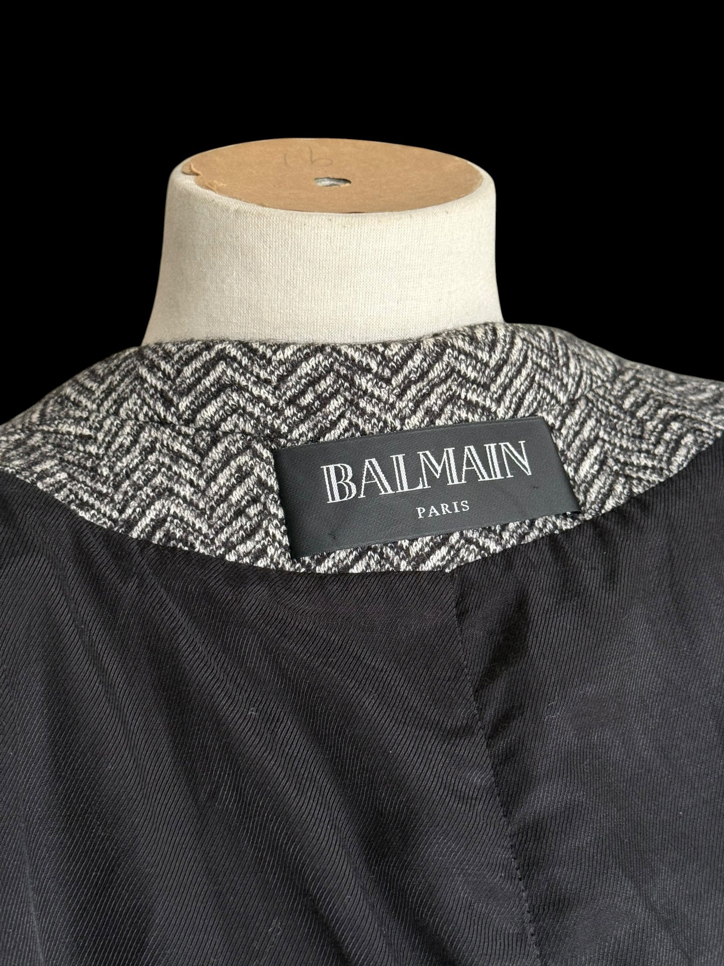 Balmain Double Breasted Black White Herringbone Tweed Fitted Blazer 44 RRP £2k+