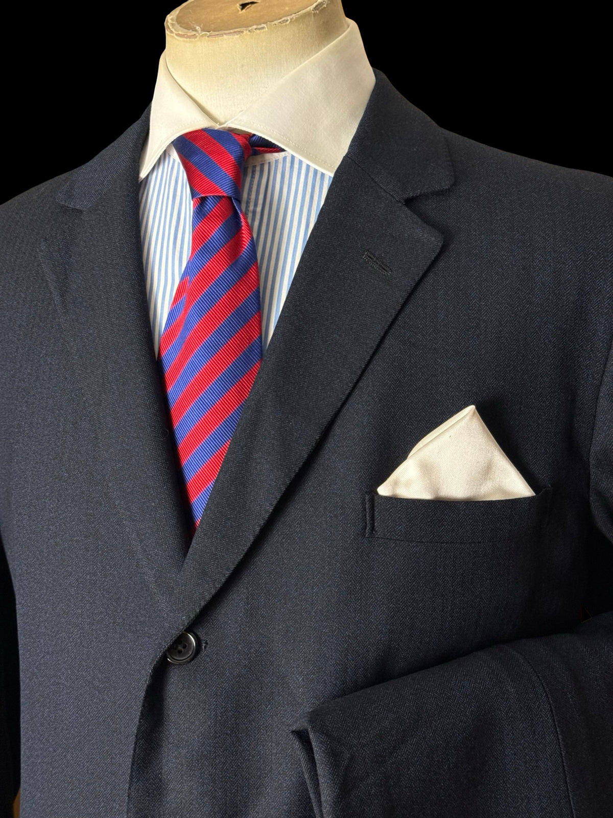 Vintage 1970’s Aquascutum Navy Herringbone Wool Suit 44L / W36”