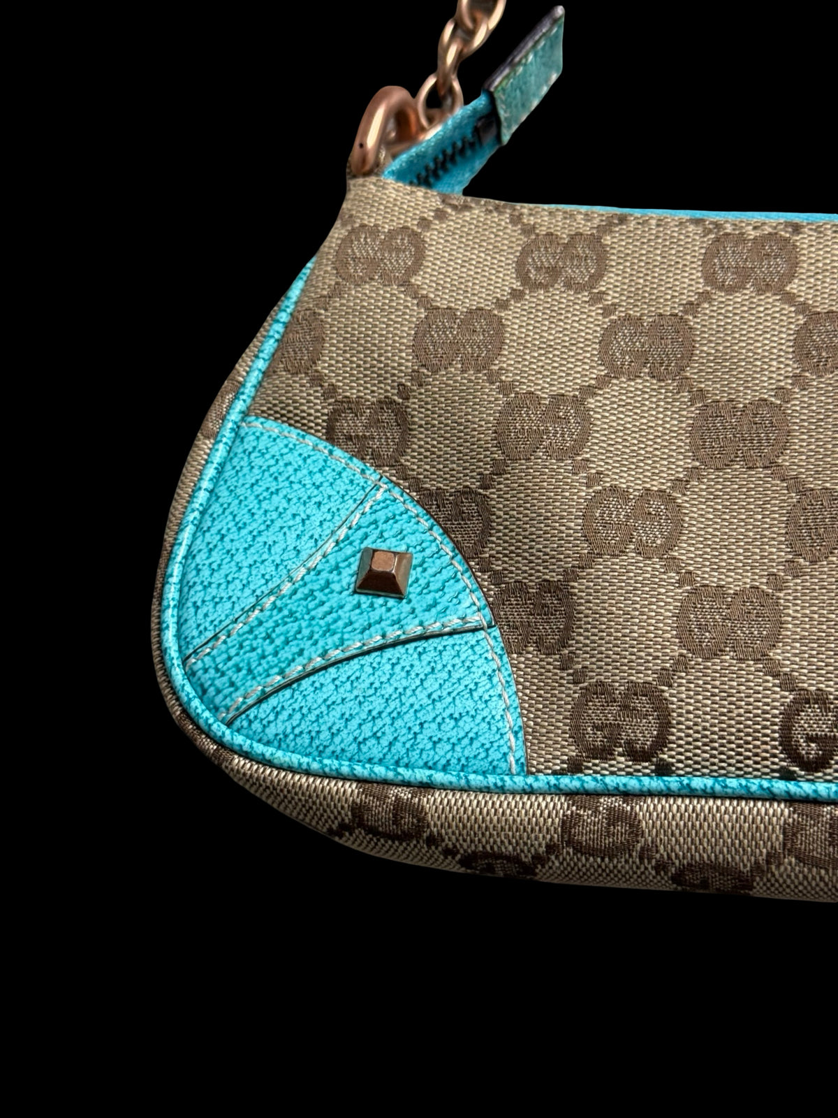 Vintage Gucci GG Canvas Nailhead Pochette Bag Brown/Turquoise Y2k Era Rare