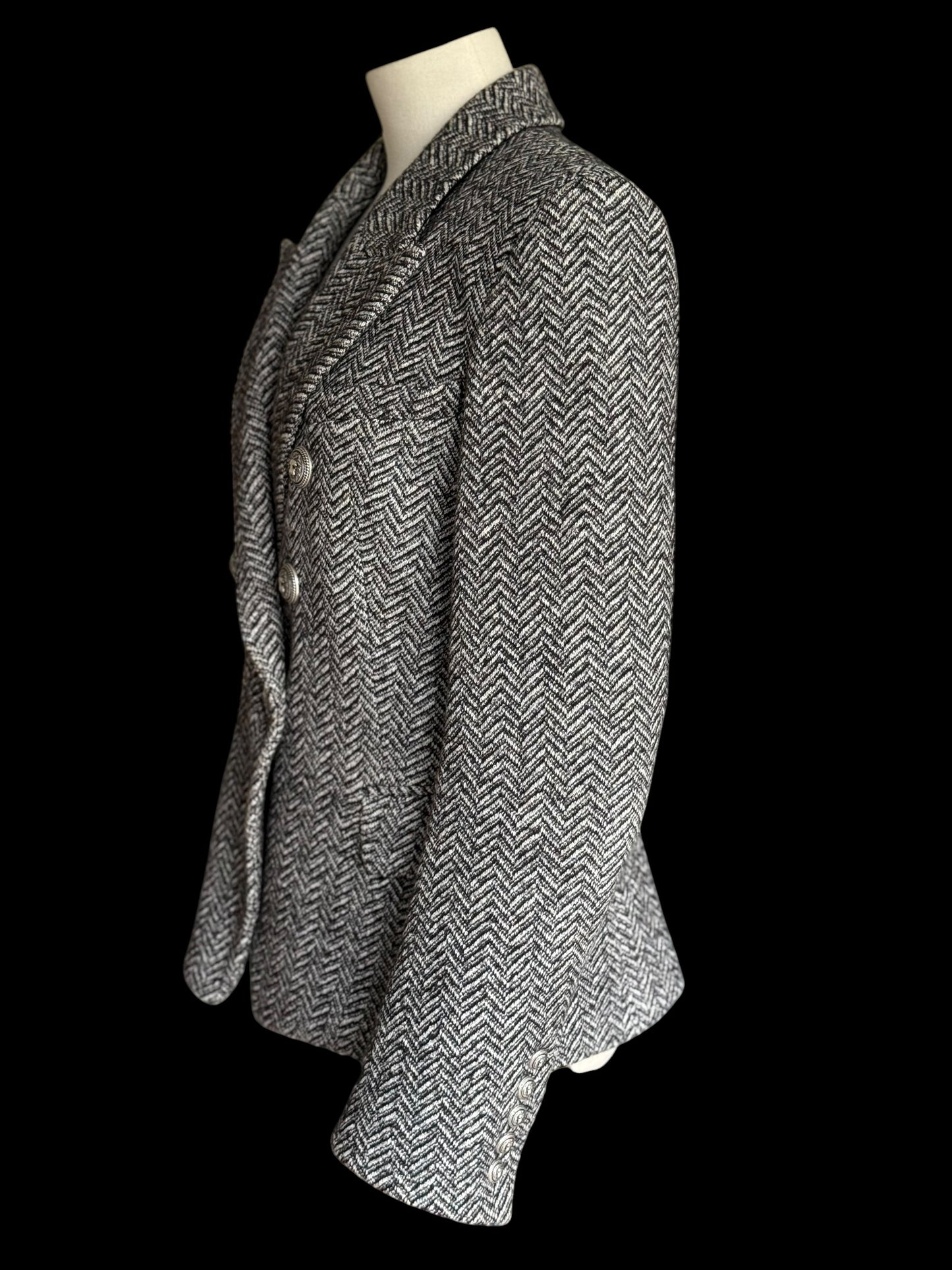 Balmain Double Breasted Black White Herringbone Tweed Fitted Blazer 44 RRP £2k+
