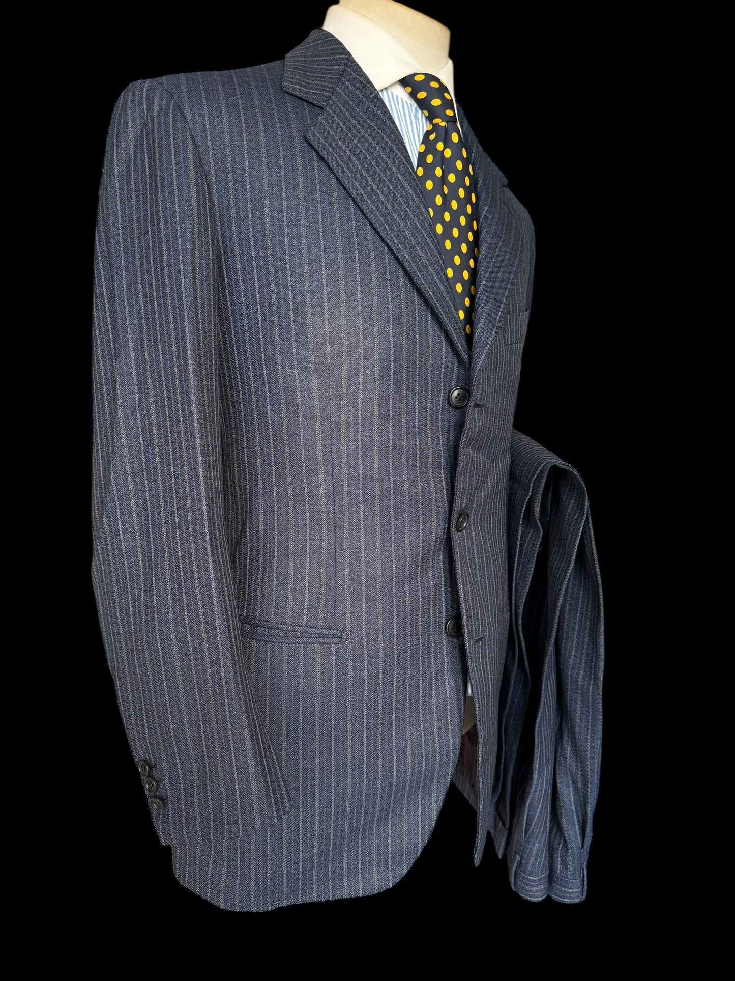 Bespoke Tommy Giulio Caraceni Blue Stripe Heavy Wool Suit 42S/ W34” 1940’s Style