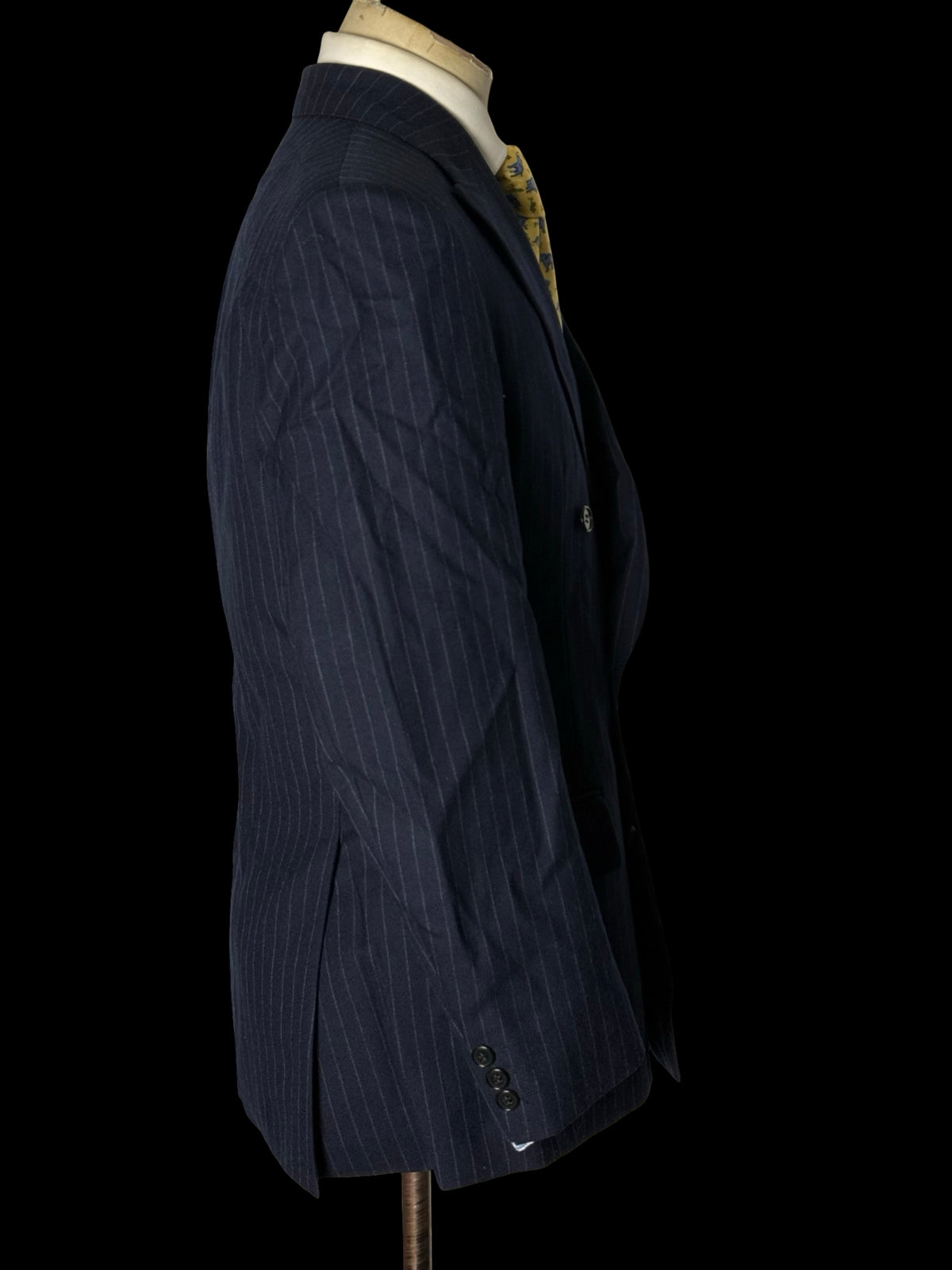 VTG Austin Reed Chester Barrie Navy Double Breasted Suit 39S/W34S Chalk Stripe