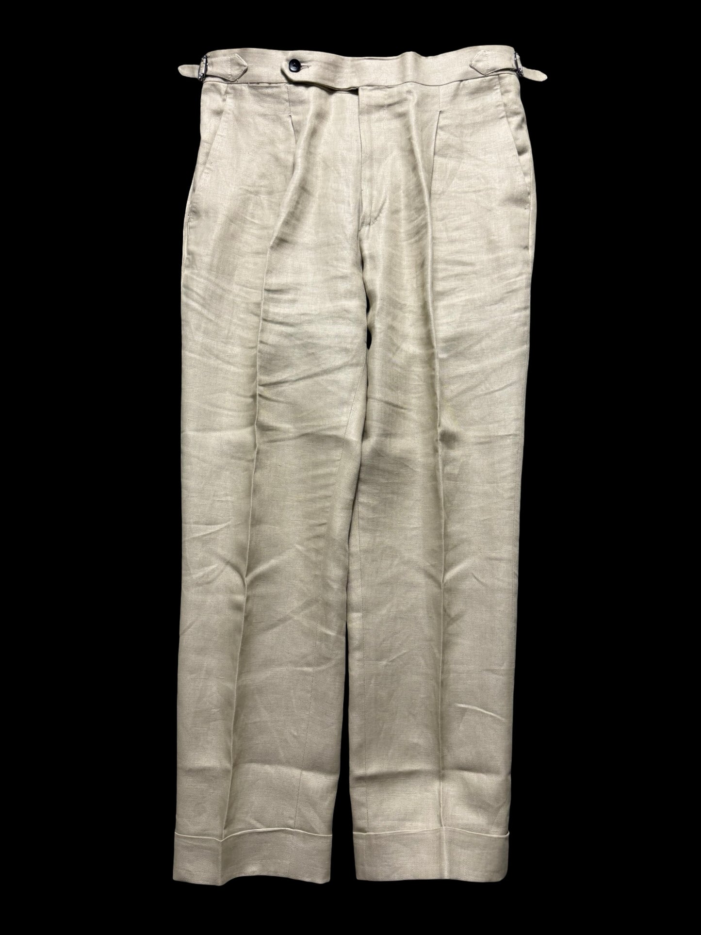 Natalino Single Pleat Khaki Irish Linen Trousers W32S Side Adjusters RRP £200