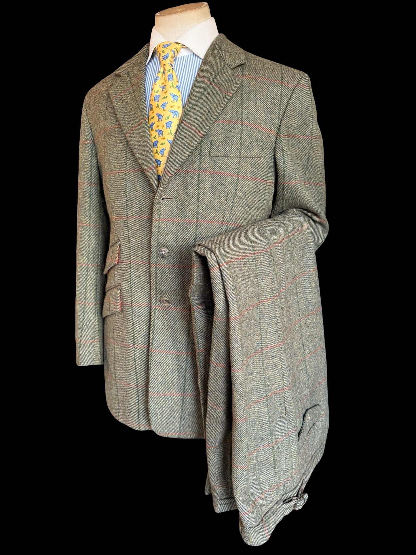 Vintage Bespoke Tweed Suit 40R / W34L Green Orange Overcheck Country